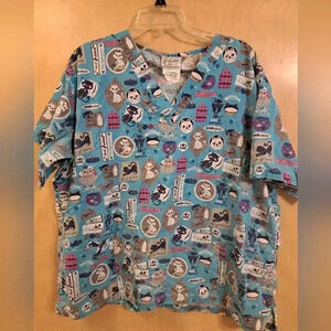 UA Scrubs Womens Turquoise Blue XL Posh Kitty Polycotton Short Sleeve V-Neck